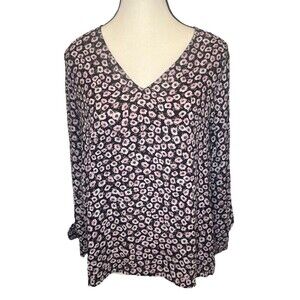CeCe Women’s BLACK w/ PINK Floral Long Sleeve Blouse Tie Cuffs Business Casual-M